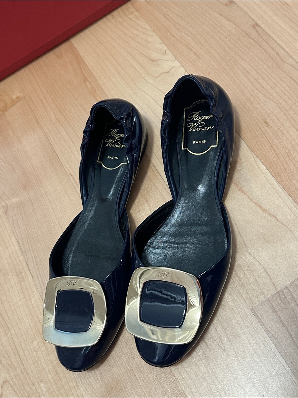 Roger Vivier Navy Patent Leather Flats with Silver-Tone Buckles